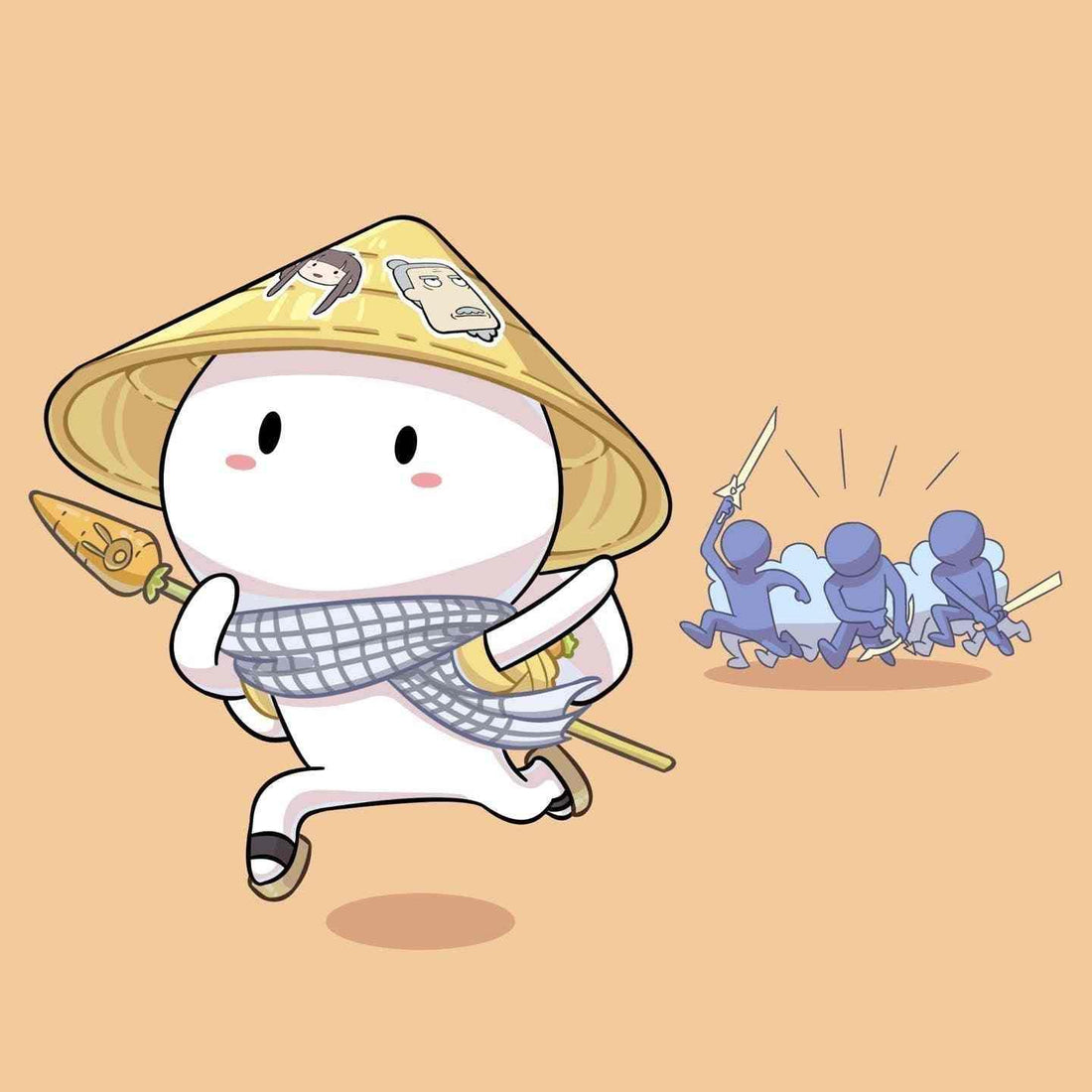 Cute cartoon character in straw hat running with spear, fleeing blue stick figures in chase scene
