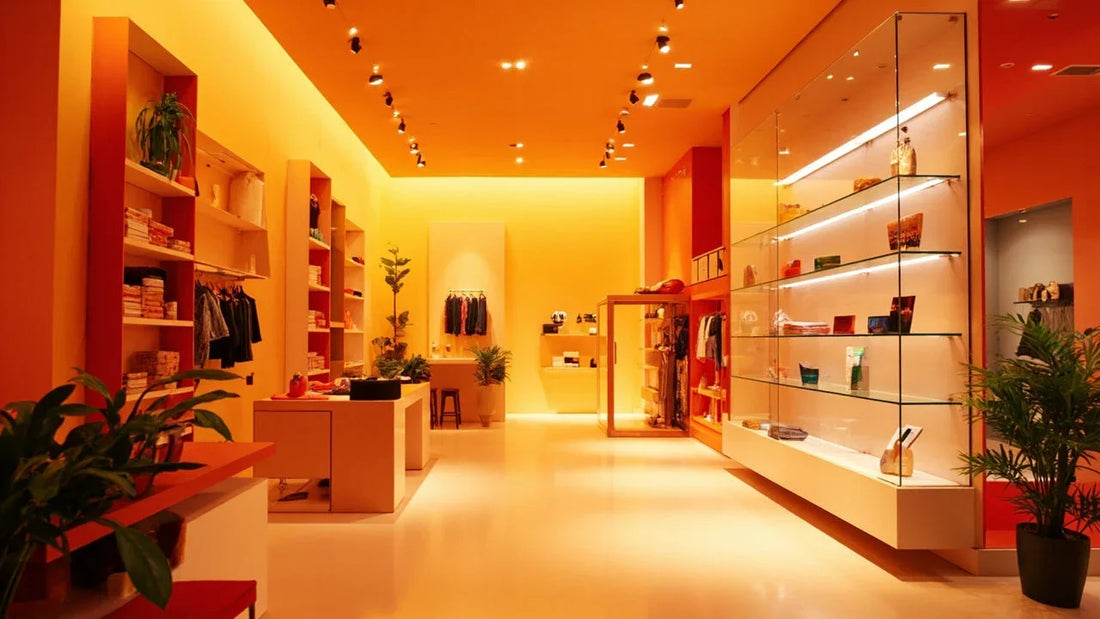 Modern boutique store interior with warm lighting, shelves of clothes, and green plants