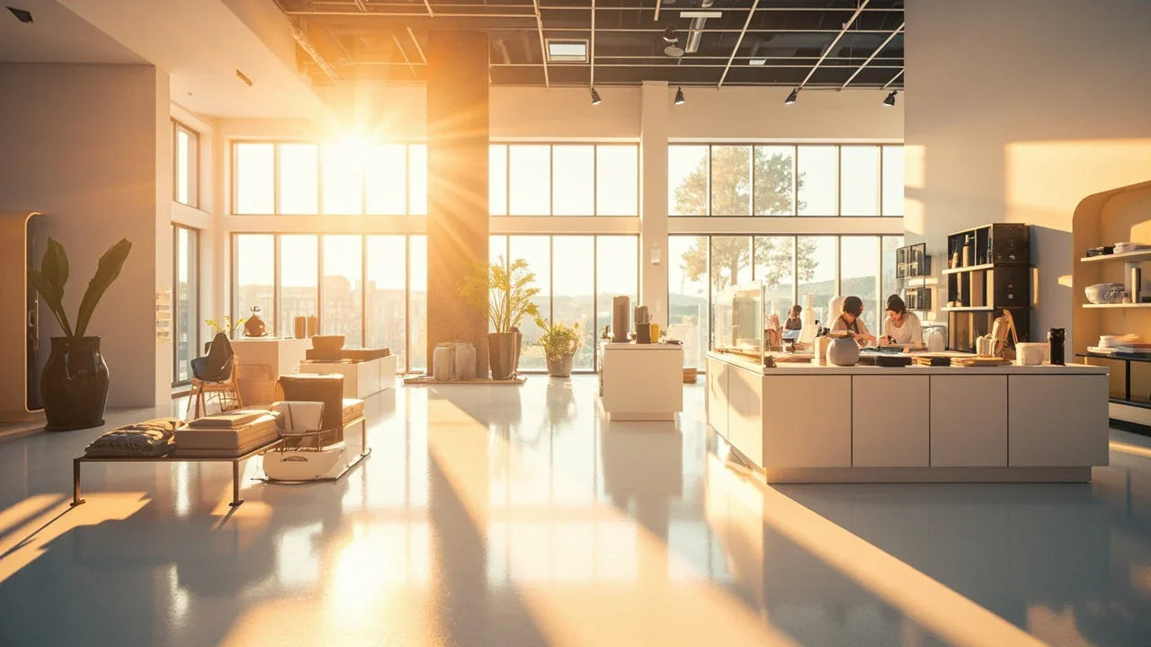 Modern open kitchen with large windows, sunlit interior, and people dining at island counter