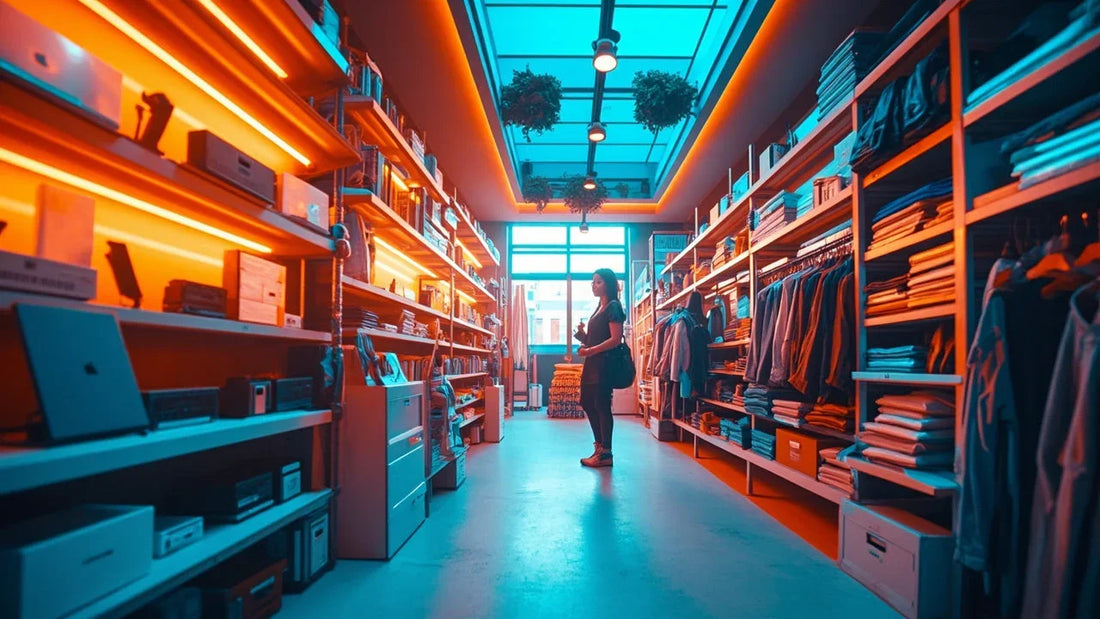 Woman shopping in modern store with shelves of folded clothes, accessories, and orange lighting