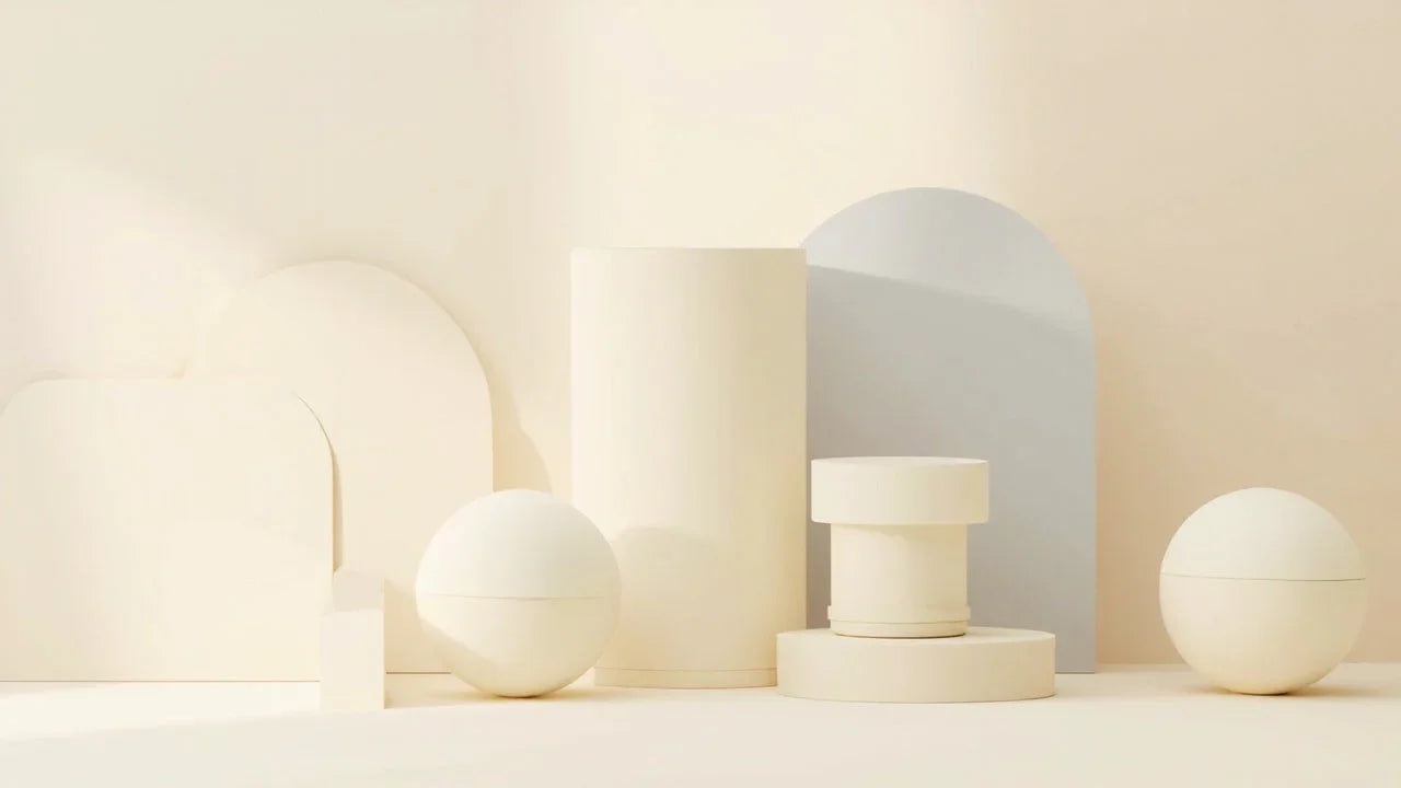 Minimalist beige geometric shapes and round containers on a soft neutral background