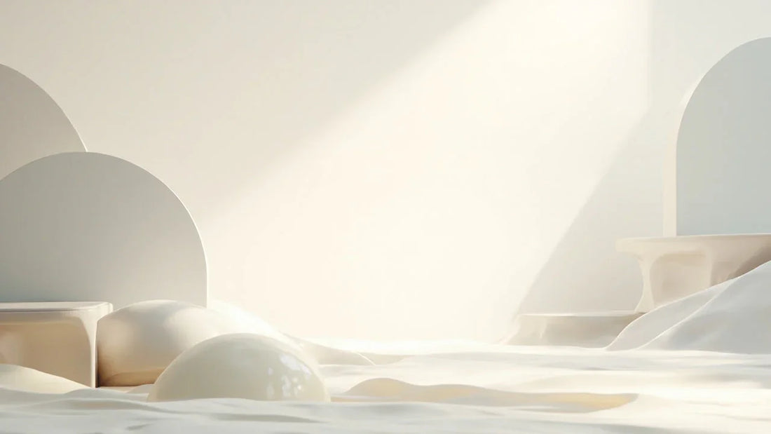 Minimalist abstract scene with soft white geometric shapes, domes, and gentle lighting