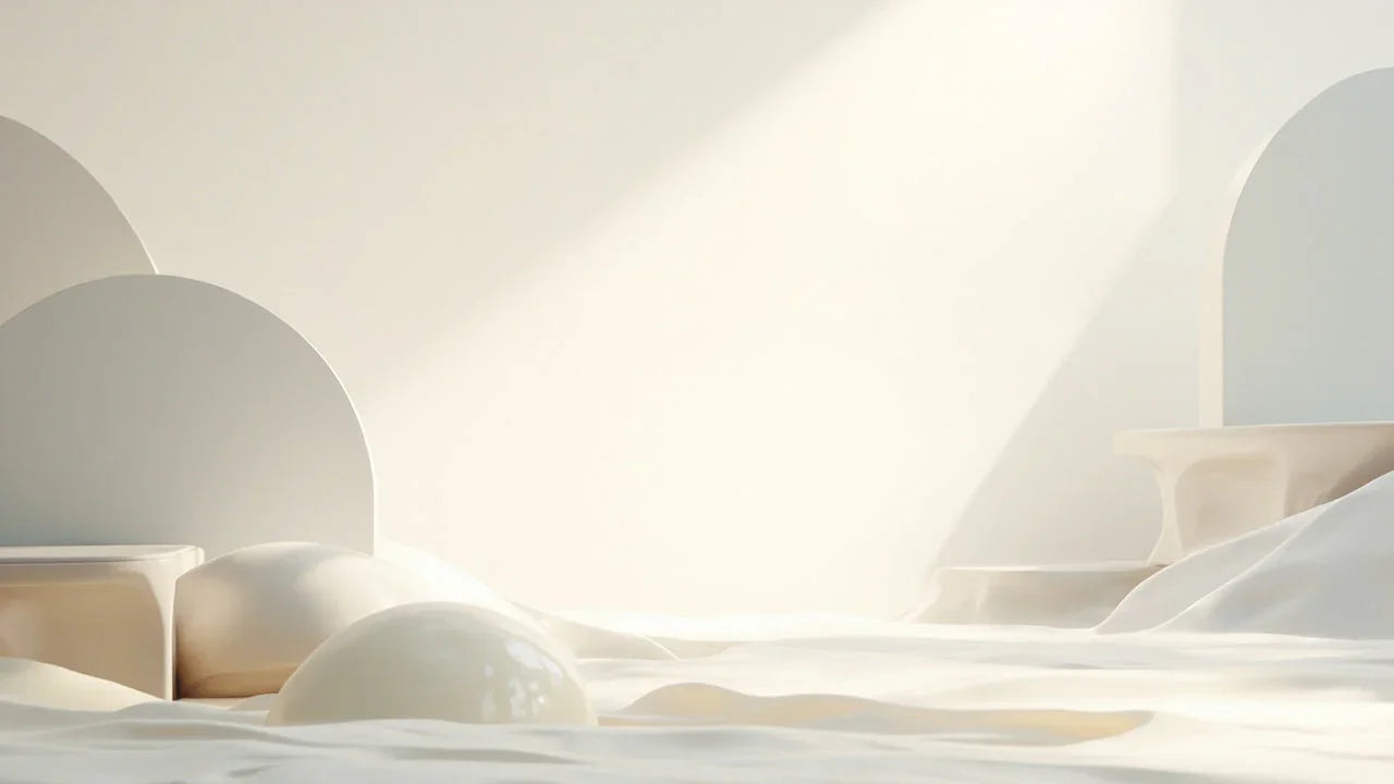 Minimalist abstract scene with soft white geometric shapes, domes, and gentle lighting