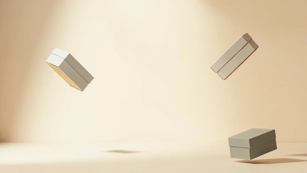 Three minimalist cardboard boxes floating against a beige background, modern packaging design.