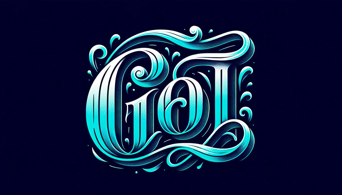 Elegant turquoise calligraphy with swirling designs on dark background