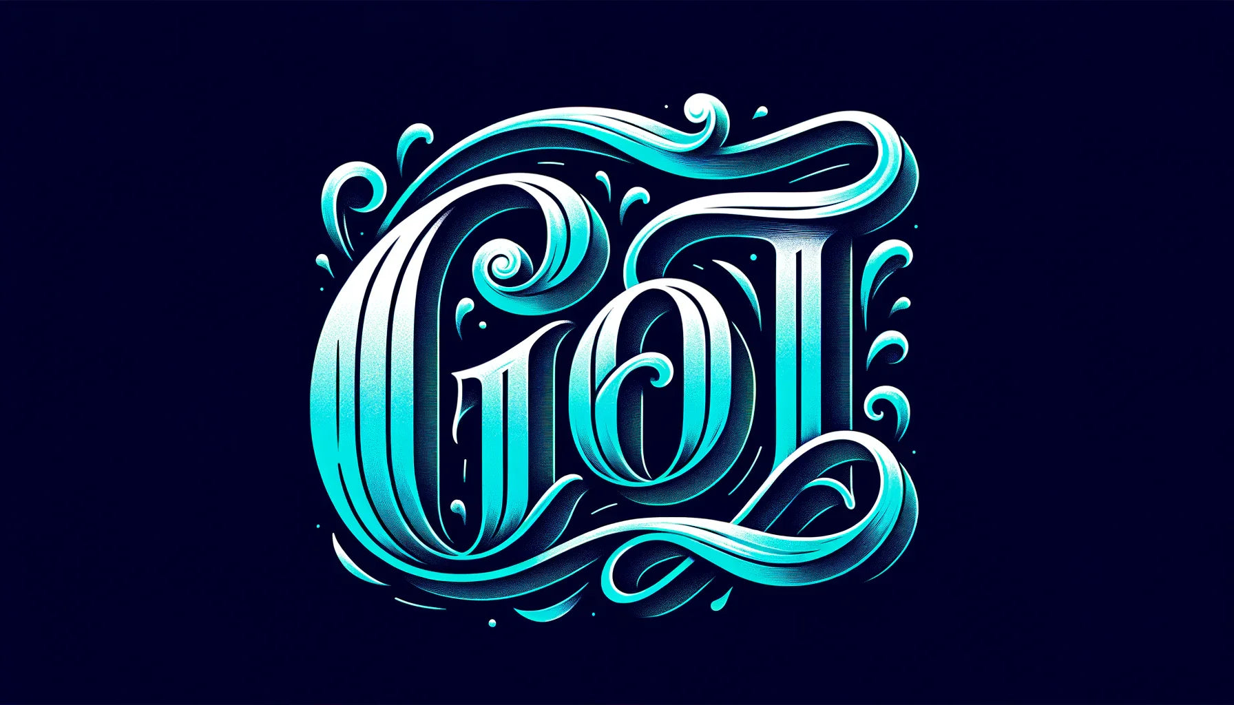 Elegant turquoise calligraphy with swirling designs on dark background