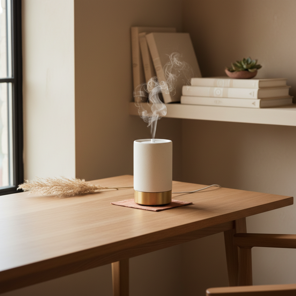 a minimalist desk with an elegantly designed product in soft, natural light