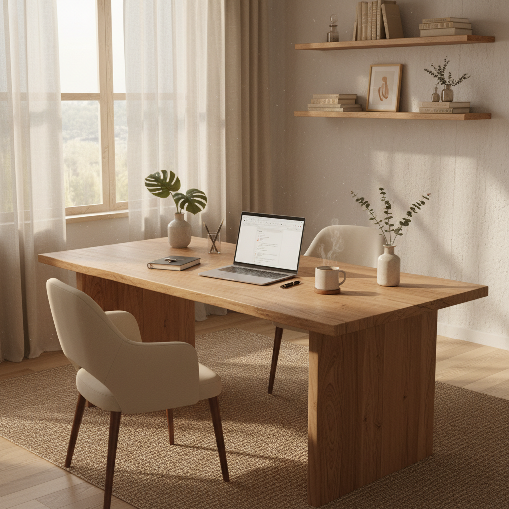 minimalist workspace with natural wood, soft morning light, and botanical accents