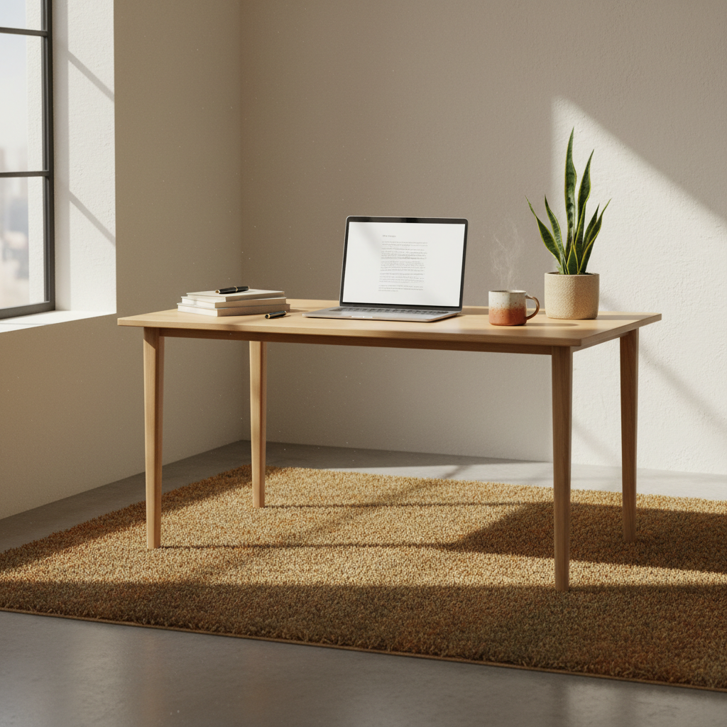 minimalist workspace with laptop, ceramic mug, and green plant in soft light