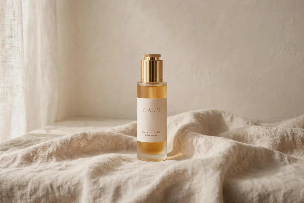 elegant product on textured linen in a soft, naturally lit studio setting