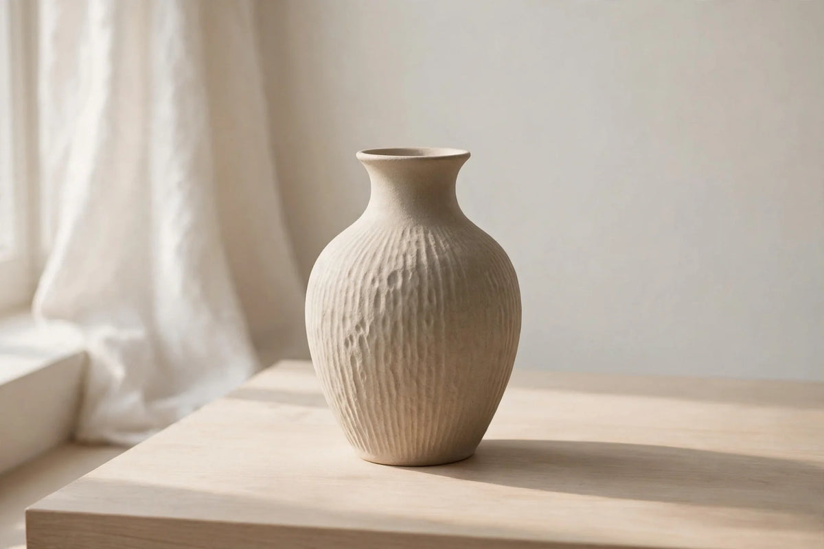A minimalist studio scene with a textured ceramic vase on a light wood surface, bathed in warm light.