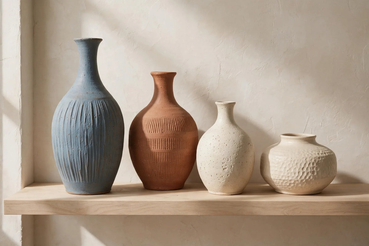 Assortment of textured ceramic vases in earthy tones displayed on a wooden shelf with soft natural light