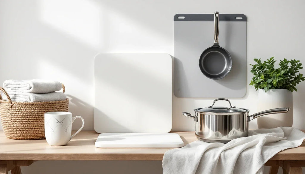 Modern kitchen setup with cutting boards, stainless steel pot, and green plant on wooden counter