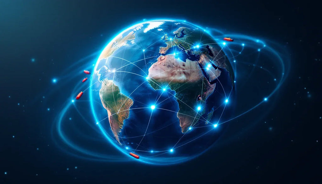Globe with glowing network connections and orbiting satellites, symbolizing global connectivity and technology.