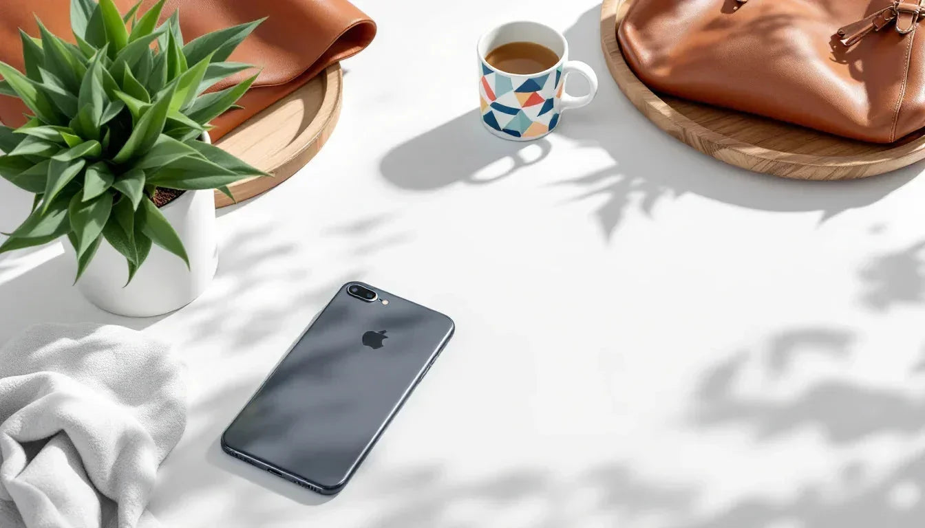 Black iPhone with geometric mug, succulent plant, and leather bag on white surface