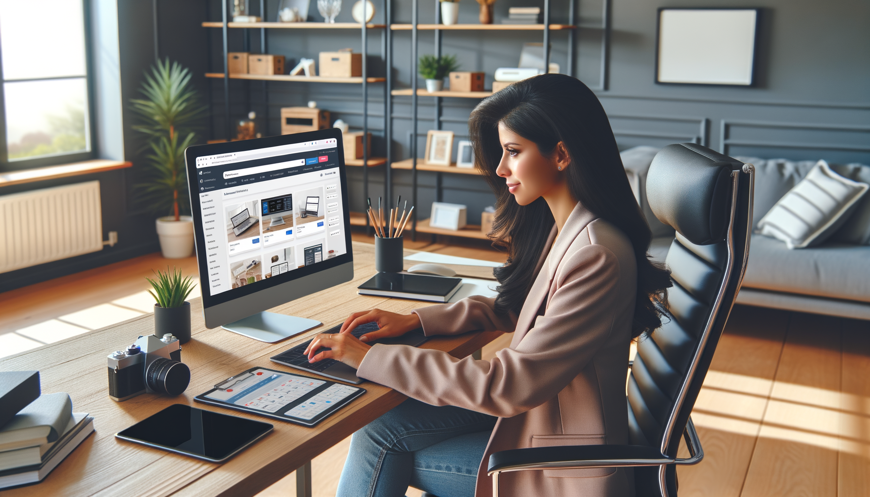 Woman working on computer in modern home office with laptop, tablet, and desk accessories