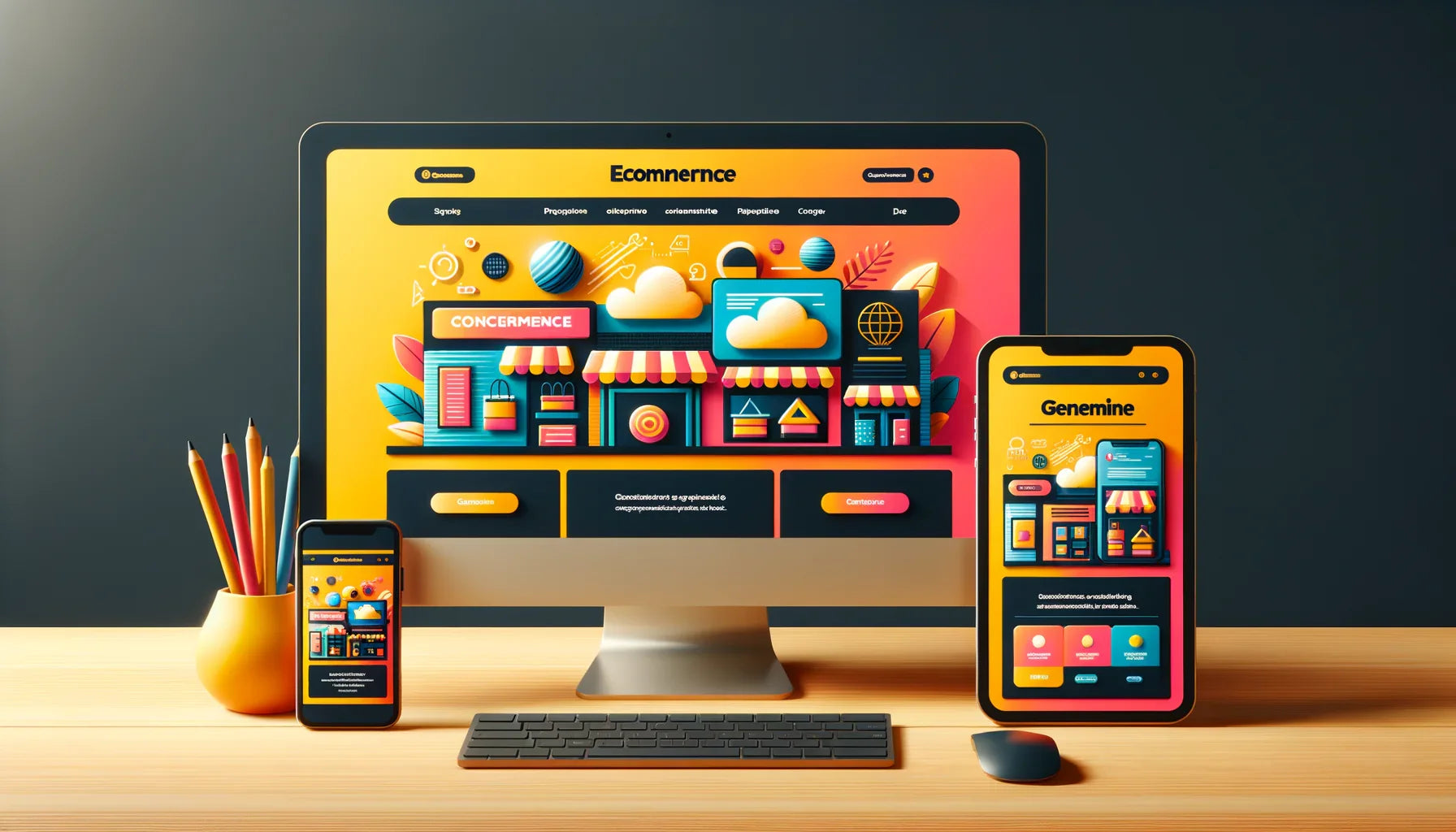Ecommerce website design on desktop and mobile devices with colorful UI, shopping icons, and responsive layout
