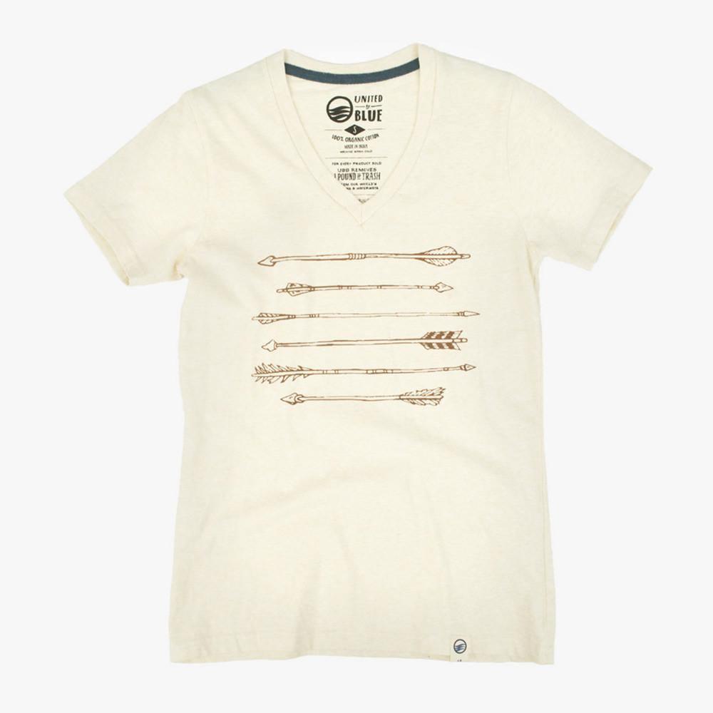 Cream V-neck T-shirt with arrow print design, organic cotton material